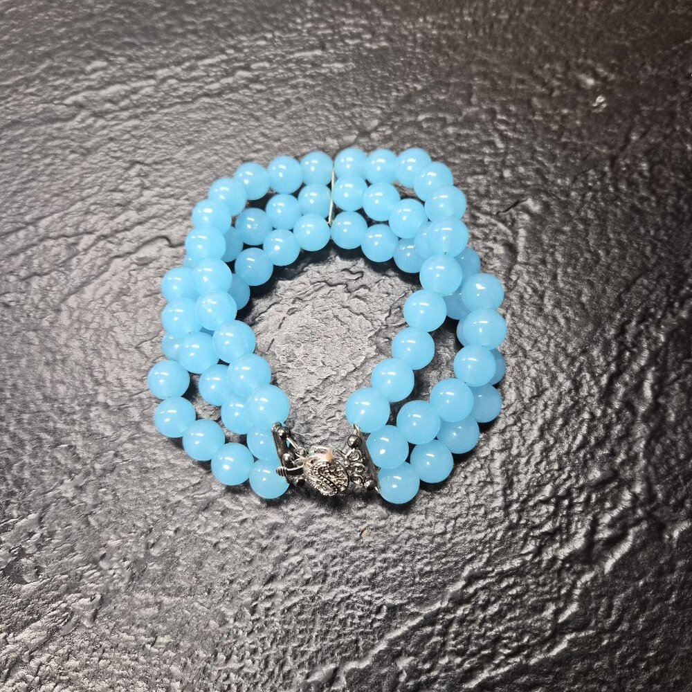 Vintage 1960s  Aqua Milk Glass Bracelet 3 Strand Filigree Clasp 8.5" Mid-Century